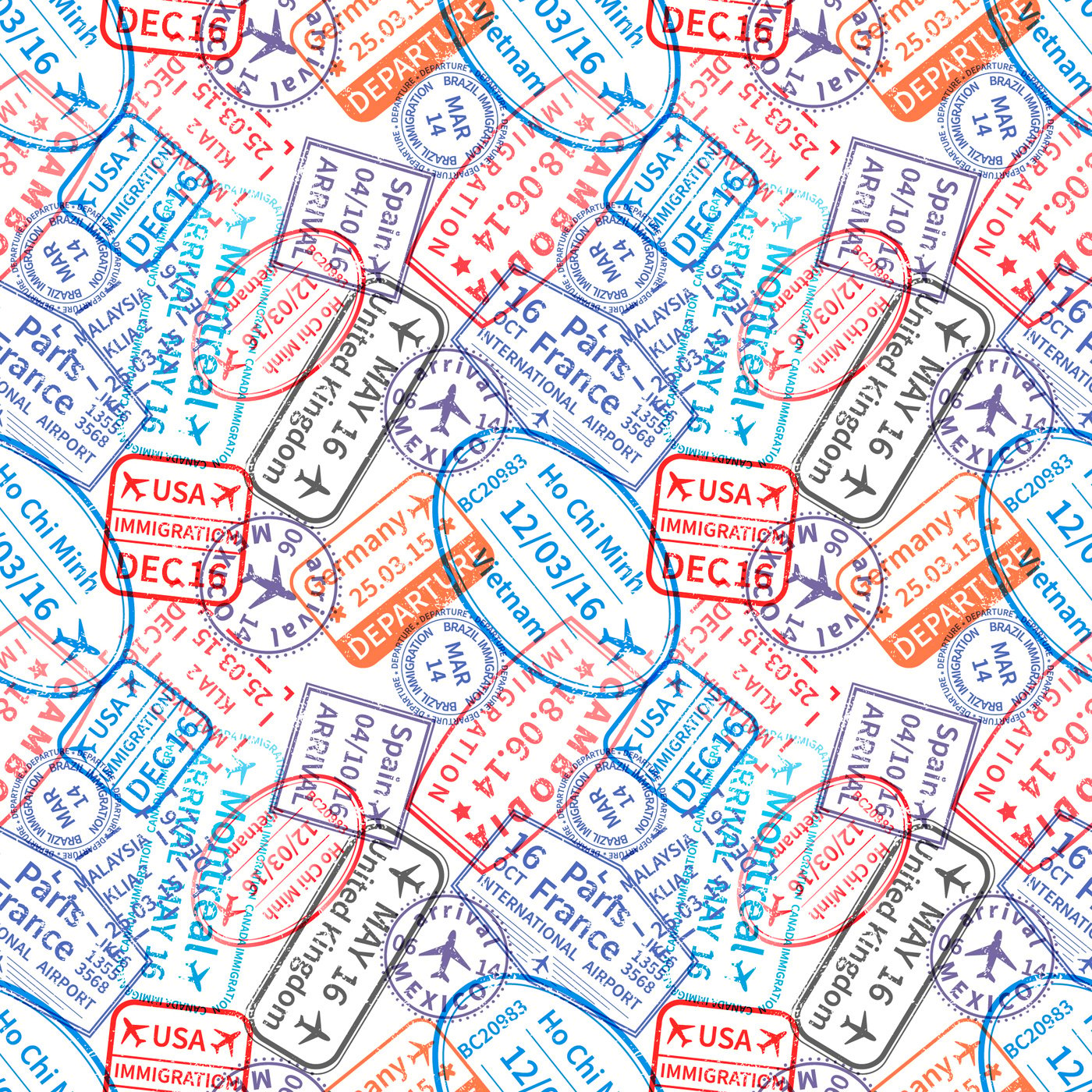 Travel Stamps Seamless Pattern